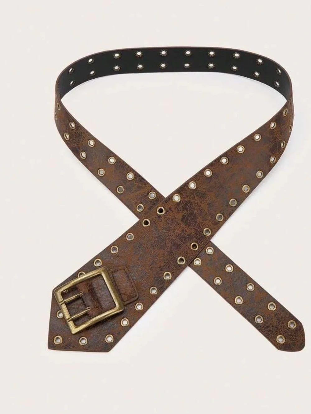 Brown Studded Wide Leather Belt with Antique Gold Buckle